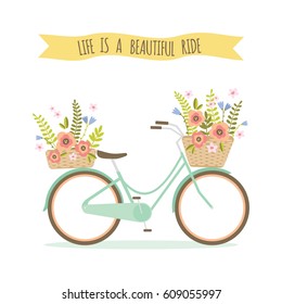 Bicycle with flower baskets romantic vector illustration