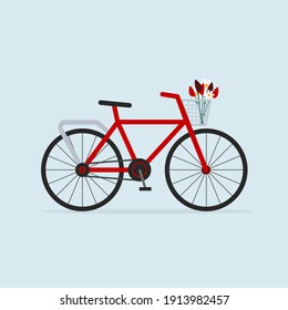 Bicycle With Flower Bouquet In Front Basket. Vector Illustration. Flat Style