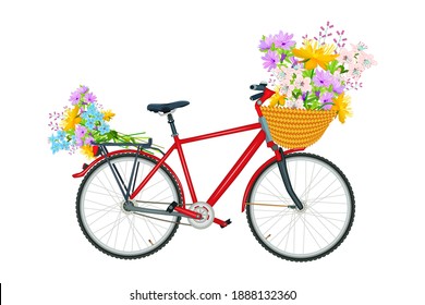 Bicycle with a flower wicker basket isolated on white background. Romantic red bicycle carrying a bouquet of spring wildflowers. Flower shops and delivery flowers service. Stock vector illustration