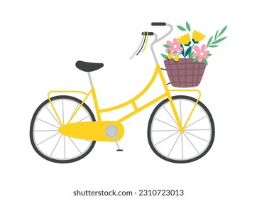 Bicycle With Flowers In Basket Vector Illustration