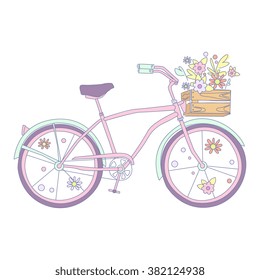 Bicycle with Flowers, Cute Vector Illustration pastel colors hand drawn
