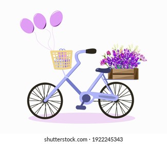A bicycle with flowers, gifts and balloons. Isolated element on a white background.
