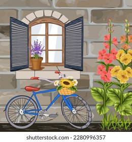 Fahrrad und Blumen in der Nähe des Hauses.Vektorgrafik mit einem Fahrrad und schönen Blumen in der Nähe der Wand und Fenster des Hauses.