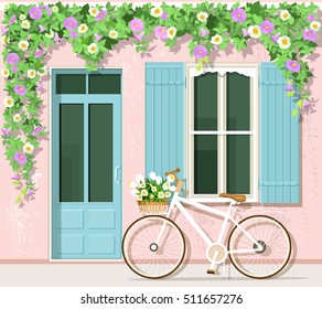 Bicycle with flowers near provence style house. Vintage building facade. Vector set: door, window, bicycle, flowers.