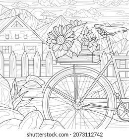 Bicycle with flowers on the trunk. House and mountains. Landscape.Coloring book antistress for children and adults. Illustration isolated on white background.Zen-tangle style. Hand draw\n