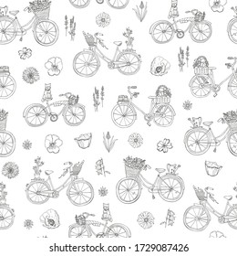 Patrón gráfico de línea de doodle dibujado a mano sin costura vectorial romántico con flores