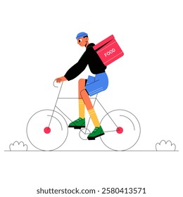 Bicycle Food Delivery Courier With Backpack In Flat Vector Illustration Symbolizing Fast Service, Urban Transportation, And Online Food Ordering, Isolated On White Background.