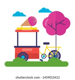 bicycle food ice cream park street tree vector illustration