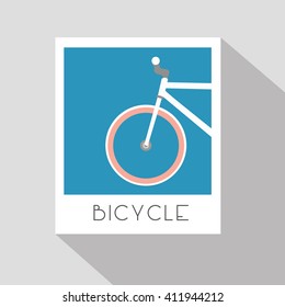Bicycle in a frame, made in flat style. Hanging on the wall with blue backgorund.