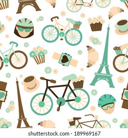 Bicycle french tour sport seamless pattern with bike croissant cyclist vector illustration