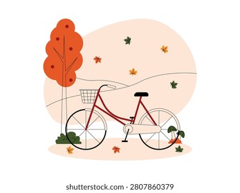 A bicycle with a front basket, parked on next a tree, with mushrooms and scattered leaves 