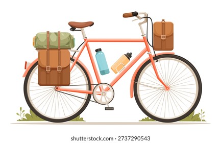A bicycle fully equipped for a long-distance trip: panniers, sleeping bag, and water bottles. Ready for adventure. Vector art

