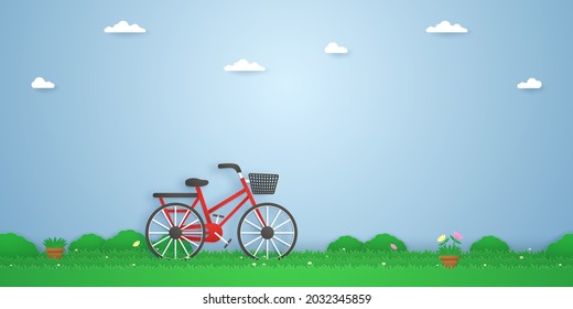 bicycle in the garden, plant pots and beautiful flowers on grass, paper art style