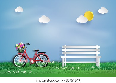 Bicycle in the garden with  white bench.paper art style.