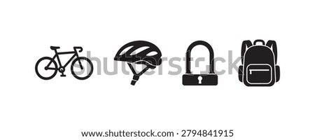Bicycle gear essentials: bike, helmet, lock, backpack icons in black and white.