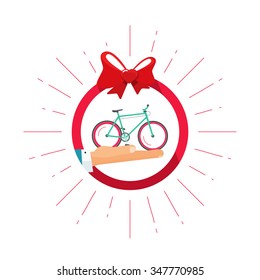 Bicycle gift vector badge icon with hand holding bycicle, heart bow symbol, happy, delivery service shop concept, flat illustration isolated on white, bike modern label design sticker, ribbon, emblem