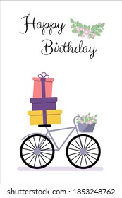 Bicycle with gifts and basket of flowers. Happy birthday lettering. White background. Cute postcard for holiday, by beginning of spring, summer. Vector illustration