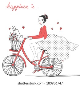 Bicycle girl with a basket full of flowers, milk and bread.