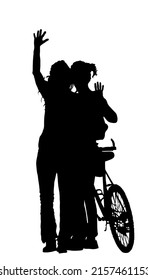 Bicycle Girls Waving Hands Greeting To Bike Friends Vector Silhouette Illustration Isolated White. Tourist Woman Hand Wave Saying Hi To Good Bye. Biker Send Off Sign Tourist Outdoor Travelers On Route