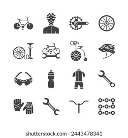 Bicycle glyph icon set. Bike symbol collection with bicyclist, wheel, bicycle pump, lock, glasses, handlebar, wrench. Vector illustration of repair service.