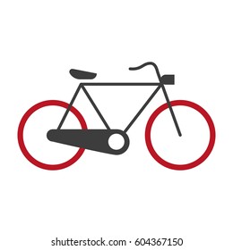 Bicycle graphic silhouette logotype vector icon on white. Isolated mean of transportation in red and black colors with two wheels, one seat, chain and pedals turned by feet. Hand drawn line bike sign