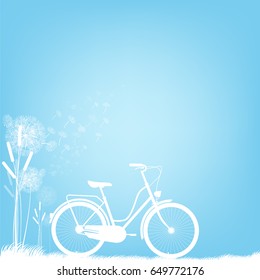 Bicycle, grass flower is blown in the sky of winter and autumn season vector illustration.