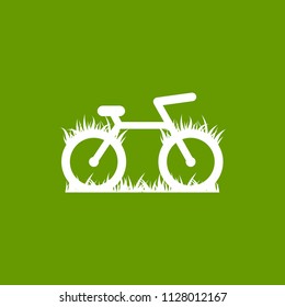 bicycle with grass icon. Flat white bike silhouette  isolated on green. Vector illustration. Eco transport symbol. Healthy journey. Ecology logo. Go green. World car free day