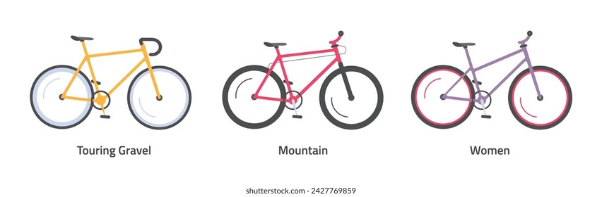 Bicycle gravel road sport mountain women icon vector graphic illustration set, race and city bike image clipart isolated on white background, cycle types, kid child vehicles simple flat cartoon design