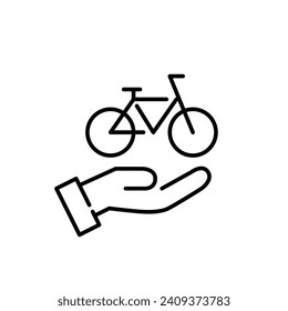 Bicycle in hand. Bike rental close to your location. Pixel perfect, editable stroke icon