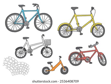 Conjunto de ilustrações desenhado à mão em bicicleta