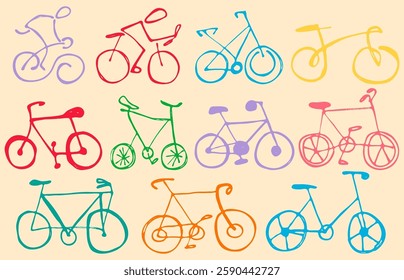 Bicycle Hand Drawn Set. Bike Collection Abstract Line Drawing. Bike Abstract Minimal Art. Sport Activity Concept Colorful Trendy Illustration Vector Modern Contour Drawing. Not AI