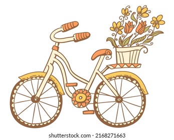 Bicycle hand drawn vector colors sketch doodle illustration. Bike with basket summer flowers decoration background isolated on white for greeting card, print or design
