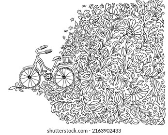 Bicycle hand drawn vector sketch doodle illustration. Bike with basket summer flowers decoration background isolated on white for greeting card, print, advertising or wedding card
