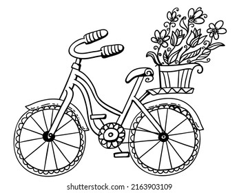 Bicycle hand drawn vector sketch doodle illustration. Bike with basket summer flowers decoration background isolated on white for greeting card, print or design
