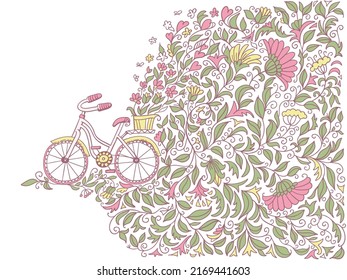 Bicycle hand drawn vector sketch doodle illustration. Bike with basket summer flowers decoration background isolated on white for greeting card, print, advertising or wedding card
