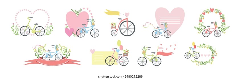 Bicycle with Heart and Flower Composition Vector Set