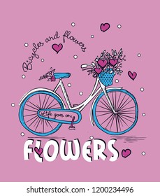 bicycle and heart  flowers slogan print vector