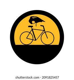Bicycle helmet and bike, black and yellow colors, round sign a white background, vector illustration