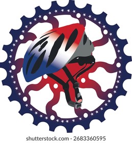 Casco de bicicleta con colores rojos, blancos y azules sobre un engranaje estrellado