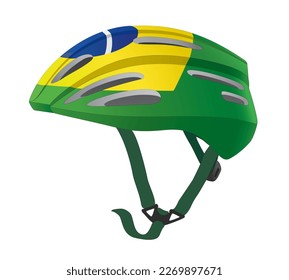 Bicycle Helmet in Green, Yellow and Blue, Brazil Flag Stripes. Sport Equipment Design. Vector illustration isolated, eps