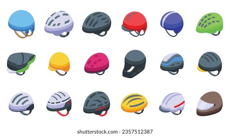 Iconos del casco de bicicleta establecen un vector isométrico. Motocicleta de vacaciones. Panel infantil