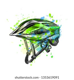 Bicycle helmet from a splash of watercolor, hand drawn sketch. Vector illustration of paints