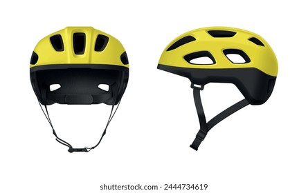 Casco de bicicleta amarillo negro cabeza accesorio de protección vista lateral delantera conjunto de Ilustración vectorial realista. Protección tocado de seguridad para ciclismo deportivo extremo carrera al aire libre ejercicio actividad de ocio