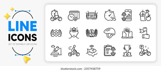 Bicycle helmet, Yoga mind and Laureate award line icons set for app include Fishfinder, Bike, Winner cup outline thin icon. Fitness app, Cardio calendar, Juice pictogram icon. Bike timer. Vector