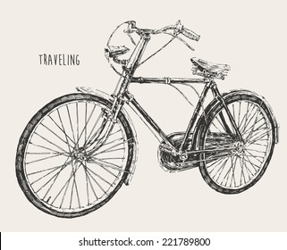 bicycle high detail, traveling engraving vintage vector illustration, hand drawn