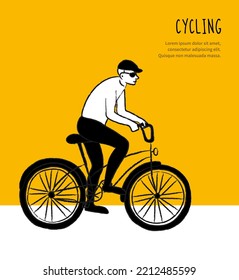 Bicycle with hipster character. Riding Bike and street activities. Cycling. Sport lifestyle concept. For postcard, poster, banner. Simple Line drawing. Flat design. Trendy Vector illustration.