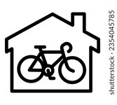 Bicycle in house line icon, outdoor sport concept, Bicycle inside home building sign on white background, Shop building and bike icon in style for and web. Vector graphics.