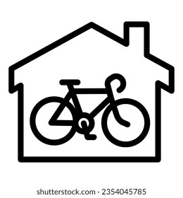 Icono de bicicleta en línea de casa, concepto de deporte al aire libre, signo de bicicleta dentro de casa en fondo blanco, Compra edificio e ícono de bicicleta en estilo para y web. Gráficos vectoriales.