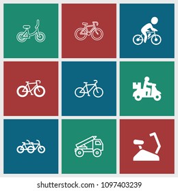 Bicycle icon. collection of 9 bicycle filled and outline icons such as delivery bike, truck rocket. editable bicycle icons for web and mobile.