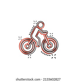 Bicycle icon in comic style. Bike with people cartoon vector illustration on white isolated background. Rider splash effect business concept.